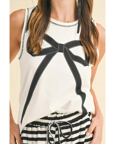 White Sweet Bow Stitching Trim Sleeveless Top - XL
