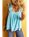 Sky Blue Tribal Pattern Print Ruffled Wide Straps Loose Tank Top - L