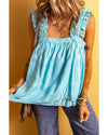 Sky Blue Tribal Pattern Print Ruffled Wide Straps Loose Tank Top - M