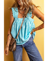 Sky Blue Tribal Pattern Print Ruffled Wide Straps Loose Tank Top - M