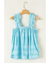 Sky Blue Tribal Pattern Print Ruffled Wide Straps Loose Tank Top - M