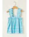 Sky Blue Tribal Pattern Print Ruffled Wide Straps Loose Tank Top - S