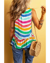 Rose Red Rainbow Stripes Ruffled Hem Drawstring V Neck Tank Top - S