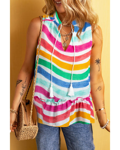 Rose Red Rainbow Stripes Ruffled Hem Drawstring V Neck Tank Top - XL