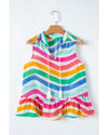 Rose Red Rainbow Stripes Ruffled Hem Drawstring V Neck Tank Top - XL