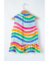 Rose Red Rainbow Stripes Ruffled Hem Drawstring V Neck Tank Top - XL