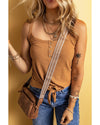 Straw Yellow Ribbed Front Knot Buttoned Thin Strap Tank Top - XL
