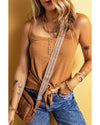 Straw Yellow Ribbed Front Knot Buttoned Thin Strap Tank Top - XL