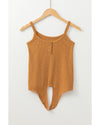 Straw Yellow Ribbed Front Knot Buttoned Thin Strap Tank Top - XL