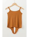 Straw Yellow Ribbed Front Knot Buttoned Thin Strap Tank Top - XL