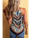 Red Mixed Floral Chevron Pattern Dip Hem Spaghetti Straps Tank - M