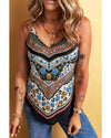 Red Mixed Floral Chevron Pattern Dip Hem Spaghetti Straps Tank - M