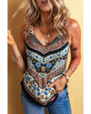Red Mixed Floral Chevron Pattern Dip Hem Spaghetti Straps Tank - S