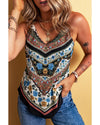 Red Mixed Floral Chevron Pattern Dip Hem Spaghetti Straps Tank - S