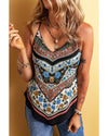 Red Mixed Floral Chevron Pattern Dip Hem Spaghetti Straps Tank - XL