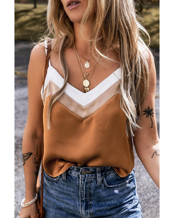 Khaki Chevron Color Block Spaghetti Straps Tank Top - L