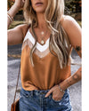 Khaki Chevron Color Block Spaghetti Straps Tank Top - L