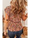 Red Floral Print Knot V Neck Ruffled Sleeve Blouse - XL