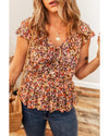 Red Floral Print Knot V Neck Ruffled Sleeve Blouse - XL