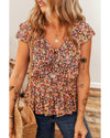 Red Floral Print Knot V Neck Ruffled Sleeve Blouse - XL