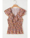 Red Floral Print Knot V Neck Ruffled Sleeve Blouse - XL