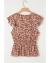 Red Floral Print Knot V Neck Ruffled Sleeve Blouse - XL