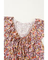 Red Floral Print Knot V Neck Ruffled Sleeve Blouse - XL