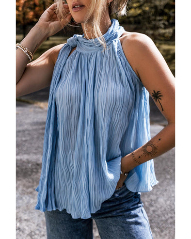 Myosotis Textured Pleated Tied Mock Neck  Flowy Tank Top - L