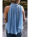 Myosotis Textured Pleated Tied Mock Neck  Flowy Tank Top - L