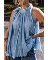 Myosotis Textured Pleated Tied Mock Neck  Flowy Tank Top - L