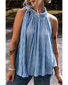 Myosotis Textured Pleated Tied Mock Neck  Flowy Tank Top - L