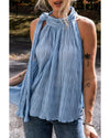 Myosotis Textured Pleated Tied Mock Neck  Flowy Tank Top - L