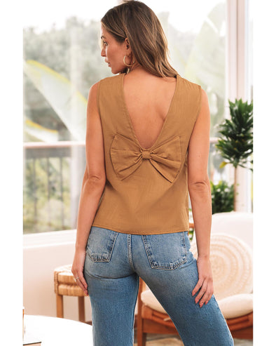 Desert Gold Bowknot V Cut Backless Cotton Tank Top - XL
