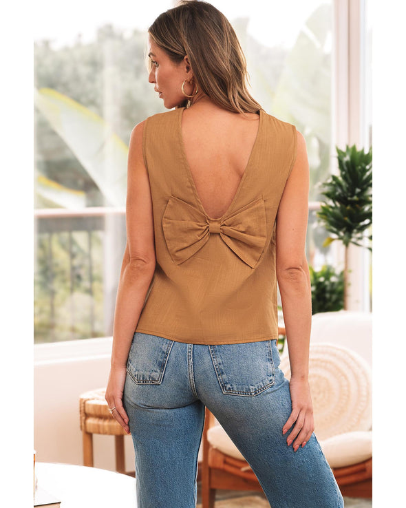 Desert Gold Bowknot V Cut Backless Cotton Tank Top - XL