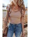 Smoke Gray Ribbed Knit Ruffled Shoulder Slim Fit Tank Top - XL