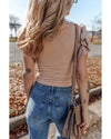 Smoke Gray Ribbed Knit Ruffled Shoulder Slim Fit Tank Top - XL