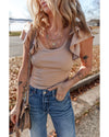 Smoke Gray Ribbed Knit Ruffled Shoulder Slim Fit Tank Top - XL