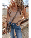 Smoke Gray Ribbed Knit Ruffled Shoulder Slim Fit Tank Top - XL