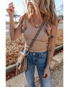 Smoke Gray Ribbed Knit Ruffled Shoulder Slim Fit Tank Top - XL