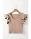 Smoke Gray Ribbed Knit Ruffled Shoulder Slim Fit Tank Top - XL