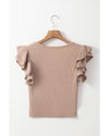 Smoke Gray Ribbed Knit Ruffled Shoulder Slim Fit Tank Top - XL
