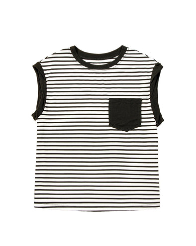 Black Stripe Chest Pocket Patch Round Neck Tank Top - L