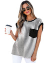 Black Stripe Chest Pocket Patch Round Neck Tank Top - L