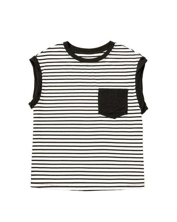 Black Stripe Chest Pocket Patch Round Neck Tank Top - M