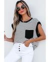 Black Stripe Chest Pocket Patch Round Neck Tank Top - M