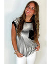 Black Stripe Chest Pocket Patch Round Neck Tank Top - M