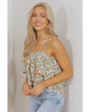 White Boho Floral Spaghetti Strap Ruffle Summer Tank Top - L