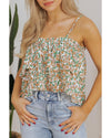 White Boho Floral Spaghetti Strap Ruffle Summer Tank Top - L