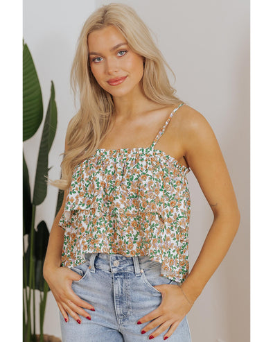White Boho Floral Spaghetti Strap Ruffle Summer Tank Top - M