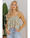 White Boho Floral Spaghetti Strap Ruffle Summer Tank Top - M